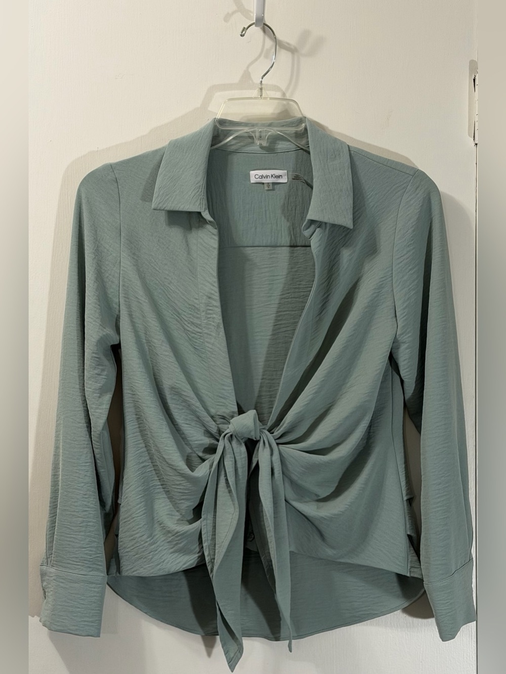 Calvin Klein Sage Green Tie-Front Button Down Shirt